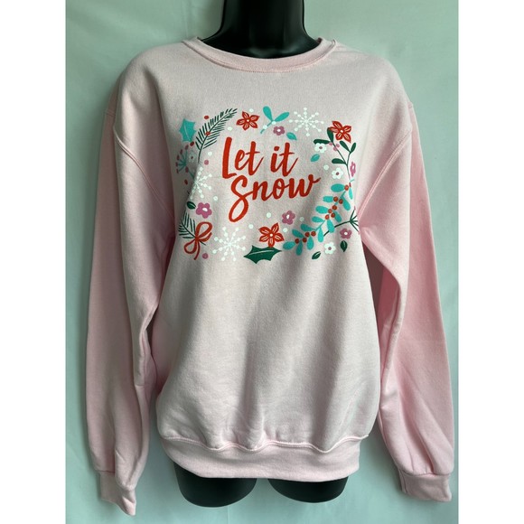 Jerzees Let It Snow Pink Christmas Sweater Crewneck Size S Barbiecore Holidays - Picture 1 of 8